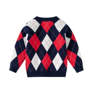 Back view of kids argyle knit jumper with navy, red and white diamond pattern, long sleeves and ribbed trims.