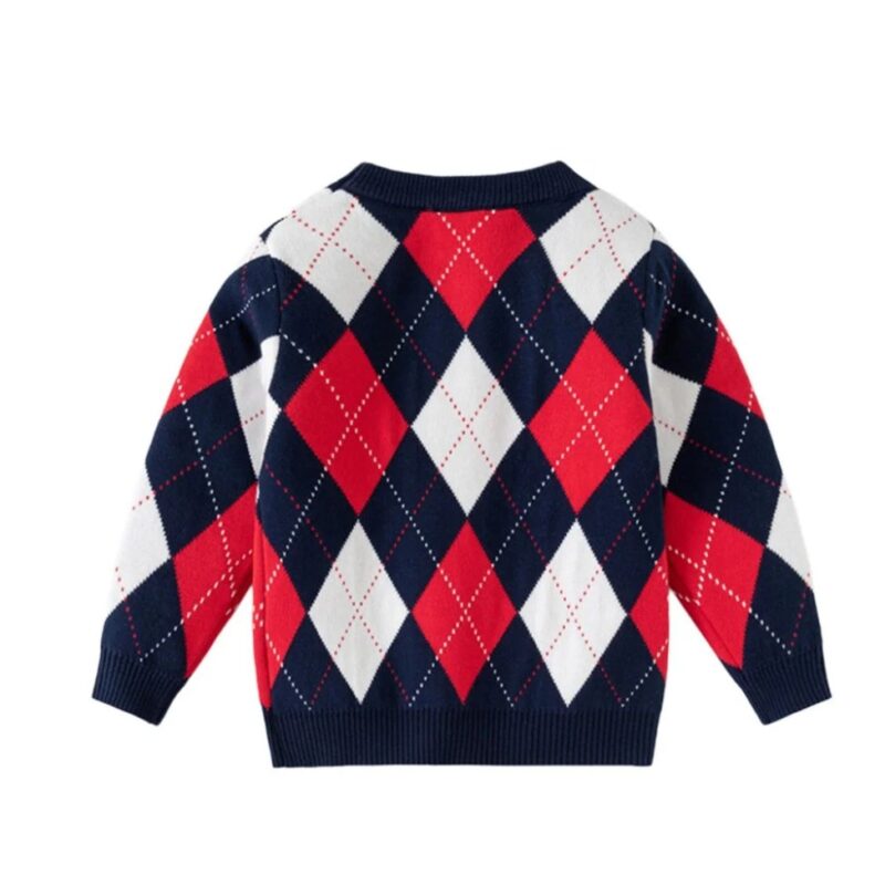 Back view of kids argyle knit jumper with navy, red and white diamond pattern, long sleeves and ribbed trims.