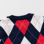 Kids Argyle Knit Jumper - red multi (4) Close-up back view of kids argyle jumper showing ribbed navy neckline and knitted red, white and navy argyle pattern.