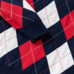 Kids Argyle Knit Jumper - red multi (5) Close-up of kids argyle knit jumper showing navy ribbed cuff and detailed red, white and navy diamond pattern.