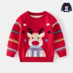 Kids Christmas Reindeer Jumper Kids Christmas reindeer jumper in red with festive reindeer design, star details and patterned long sleeves.