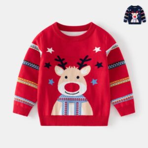 Kids Christmas reindeer jumper in red with festive reindeer design, star details and patterned long sleeves.