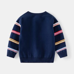 Back view of navy kids Christmas reindeer jumper with patterned long sleeves, ribbed cuffs and ribbed hem.