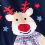 Kids Christmas Reindeer Jumper - navy (3) Close-up of navy kids Christmas jumper showing knitted reindeer design with red nose, antlers and colourful stars.