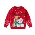 Red kids Christmas jumper with festive reindeer and snowman design, green scarves, snowflakes and patterned long sleeves.