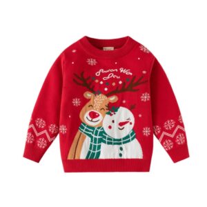 Red kids Christmas jumper with festive reindeer and snowman design, green scarves, snowflakes and patterned long sleeves.