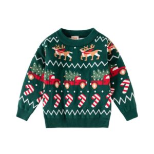 Green kids Christmas jumper with festive reindeer, red trucks carrying Christmas trees, candy canes and snowflake pattern.