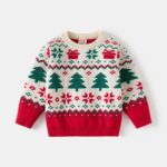 Cream kids Christmas jumper with green Christmas trees, red gift boxes, snowflakes and festive Fair Isle pattern.