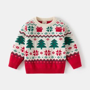 Cream kids Christmas jumper with green Christmas trees, red gift boxes, snowflakes and festive Fair Isle pattern.