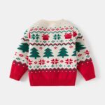 Back view of cream kids Christmas jumper with green Christmas trees, red presents, snowflakes and Fair Isle pattern.