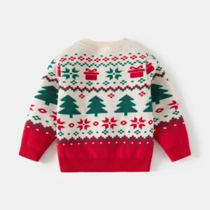 Back view of cream kids Christmas jumper with green Christmas trees, red presents, snowflakes and Fair Isle pattern.