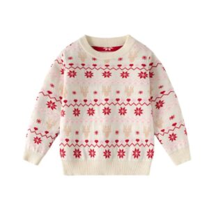 Cream kids Christmas jumper with red snowflakes, beige reindeer and pink Fair Isle pattern, finished with ribbed trims.