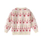 Back view of cream kids Christmas jumper with red snowflakes, beige reindeer and pink Fair Isle knitted pattern.