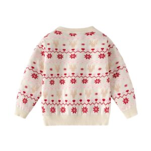 Back view of cream kids Christmas jumper with red snowflakes, beige reindeer and pink Fair Isle knitted pattern.