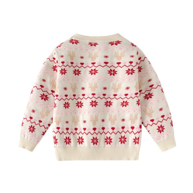 Back view of cream kids Christmas jumper with red snowflakes, beige reindeer and pink Fair Isle knitted pattern.