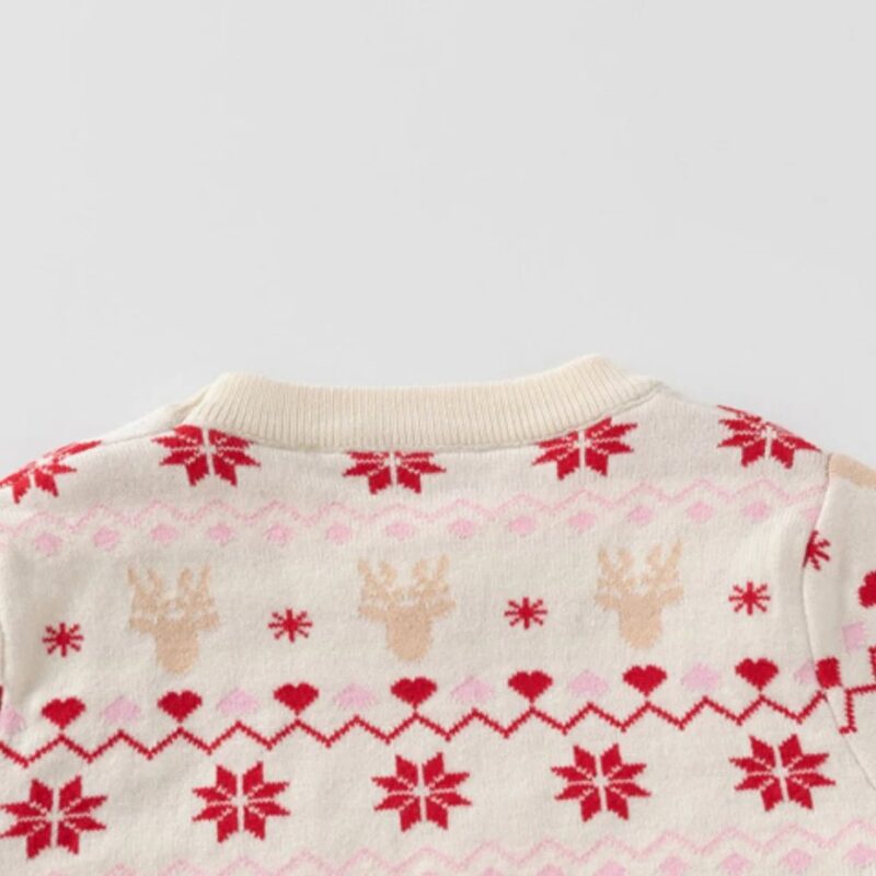Close-up back view of cream kids Christmas jumper showing beige reindeer, red snowflakes and pink Fair Isle pattern.