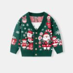 Kids green Christmas cardigan with Santa, snowman, snowflakes and festive knitted pattern