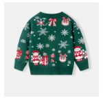 Back view of kids green Christmas cardigan with snowflakes, presents and festive knitted design