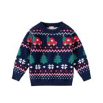 Kids Navy Christmas Truck Jumper (1) Navy kids Christmas jumper with red trucks carrying Christmas trees, green festive trees, white snowflakes and Fair Isle pattern.
