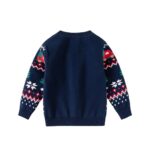Kids Navy Christmas Truck Jumper (2) Back view of navy kids Christmas truck jumper with festive patterned sleeves, Christmas trees, snowflakes and ribbed trims.