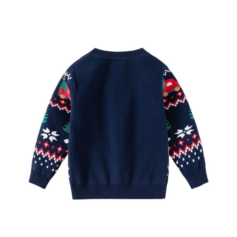 Back view of navy kids Christmas truck jumper with festive patterned sleeves, Christmas trees, snowflakes and ribbed trims.