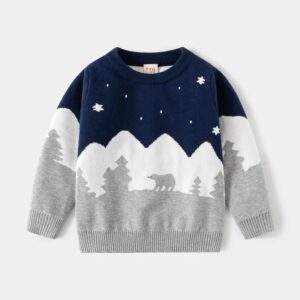 Kids Christmas jumper in navy, white and grey with polar bear, snowy mountains, pine trees and snowflake design.