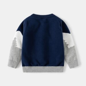 Back view of kids polar bear Christmas jumper in navy with grey and white patterned sleeves and ribbed trims.