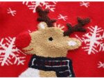 Close-up of textured reindeer design on red kids Christmas jumper with brown antlers, red nose, scarf and white snowflakes.