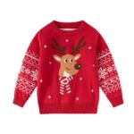 Red kids Christmas jumper with reindeer portrait, striped scarf, white snowflakes and festive Fair Isle patterned sleeves.
