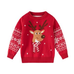 Red kids Christmas jumper with reindeer portrait, striped scarf, white snowflakes and festive Fair Isle patterned sleeves.