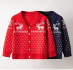 Kids reindeer shawl collar Christmas cardigan in red and navy with festive knitted pattern