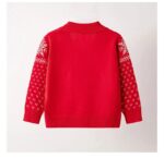 Back view of red kids Christmas cardigan with knitted sleeves and ribbed hem