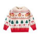Kids Santa Bear Christmas Jumper (1) Cream kids Christmas jumper with Santa bear faces, green Christmas trees, red snowflakes and festive Fair Isle pattern.