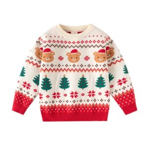 Cream kids Christmas jumper with Santa bear faces, green Christmas trees, red snowflakes and festive Fair Isle pattern.