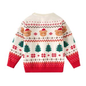 Back view of cream kids Christmas jumper with Santa bears, green Christmas trees, red snowflakes and Fair Isle pattern.