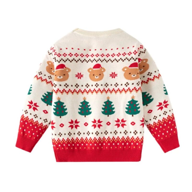 Back view of cream kids Christmas jumper with Santa bears, green Christmas trees, red snowflakes and Fair Isle pattern.