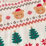 Kids Santa Bear Christmas Jumper (3) Close-up of kids Santa bear Christmas jumper showing bear faces in red Santa hats, green Christmas trees and snowflakes.