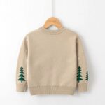 Kids Santa Sleigh Christmas Jumper - beige (2) Back view of beige kids Christmas jumper with green Christmas trees on the sleeves and ribbed neck, cuffs and hem.