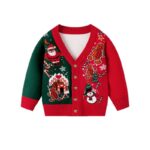 Kids Christmas cardigan with Santa, snowman, gingerbread man and candy cane knitted design