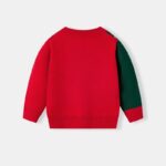 Back view of kids red and green Christmas cardigan with long sleeves and ribbed hem