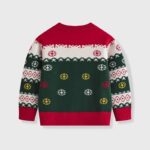 Kids Snowman Christmas Jumper (2) Back view of kids Christmas jumper in red, green and white with colourful snowflakes and traditional festive knitted patterns.