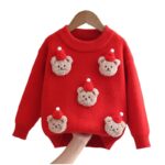 Kids Teddy Bear Christmas Jumper (2) Red kids Christmas jumper with fluffy teddy bear faces, red festive hats, long sleeves and ribbed trims.