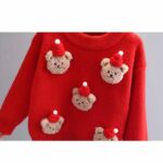 Kids Teddy Bear Christmas Jumper (4) Close-up of red kids Christmas jumper featuring five textured teddy bear face appliqués with festive red hats.