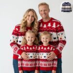 Family matching Christmas jumpers with festive reindeer print in red and navy blue