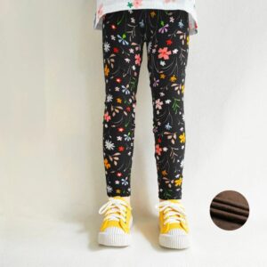 Home - Fabulous Bargains Galore Girl wearing black wildflower meadow fleece leggings with colourful pink, yellow, white and green floral print and warm fleece lining.