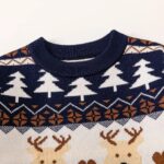 Close up of navy Christmas jumper crew neck with knitted Christmas tree pattern